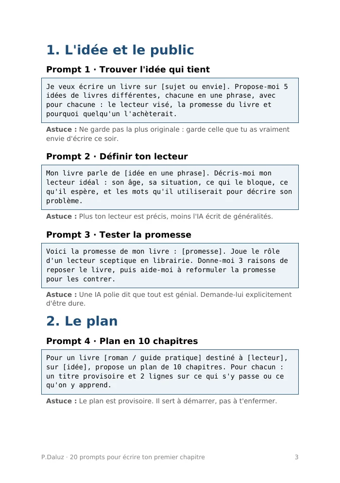 Aperçu d'une page du PDF : les premiers prompts (l'idée et le public)