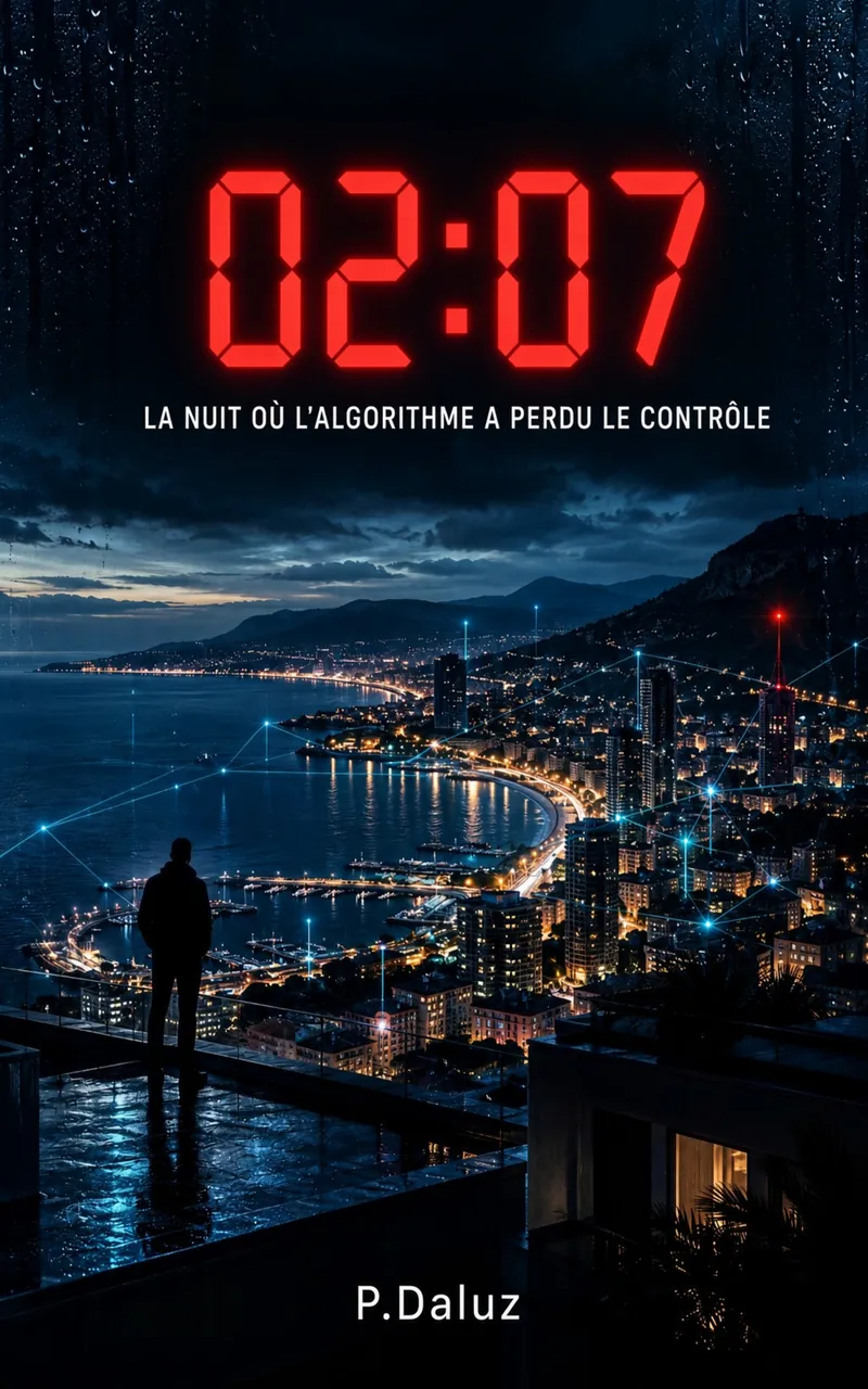 Couverture du thriller « 2 h 07 » de P.Daluz : l'heure 02:07 en chiffres rouges au-dessus d'une baie illuminée la nuit, un homme seul sur un toit