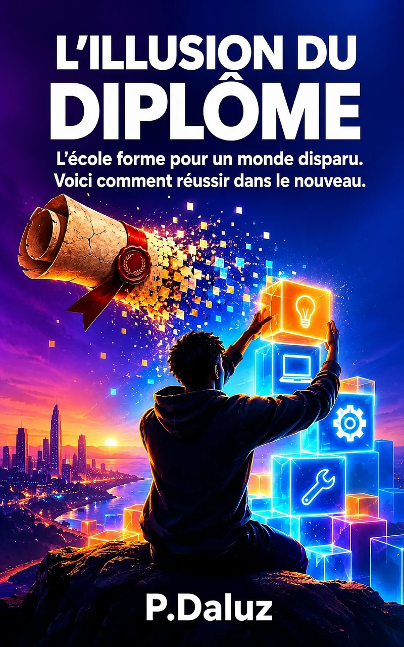 Couverture du guide « L'Illusion du Diplôme » de P.Daluz : un jeune assemble des cubes lumineux de compétences face à une ville au crépuscule, un diplôme roulé se dissout en pixels